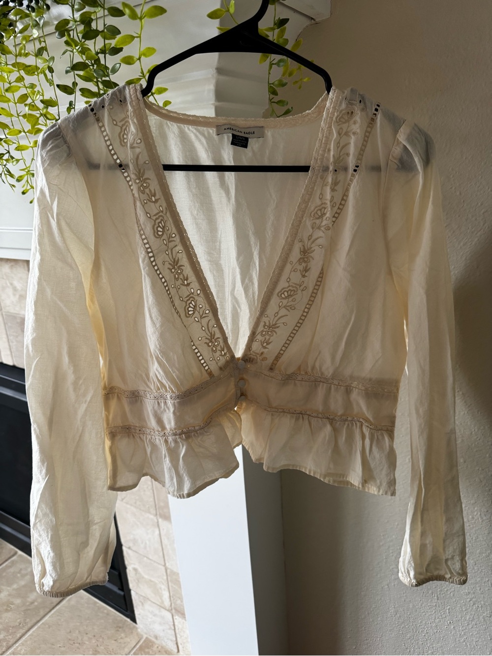 American Eagle Outfitters Cream Embroidered V-Neck Ruffle Blouse